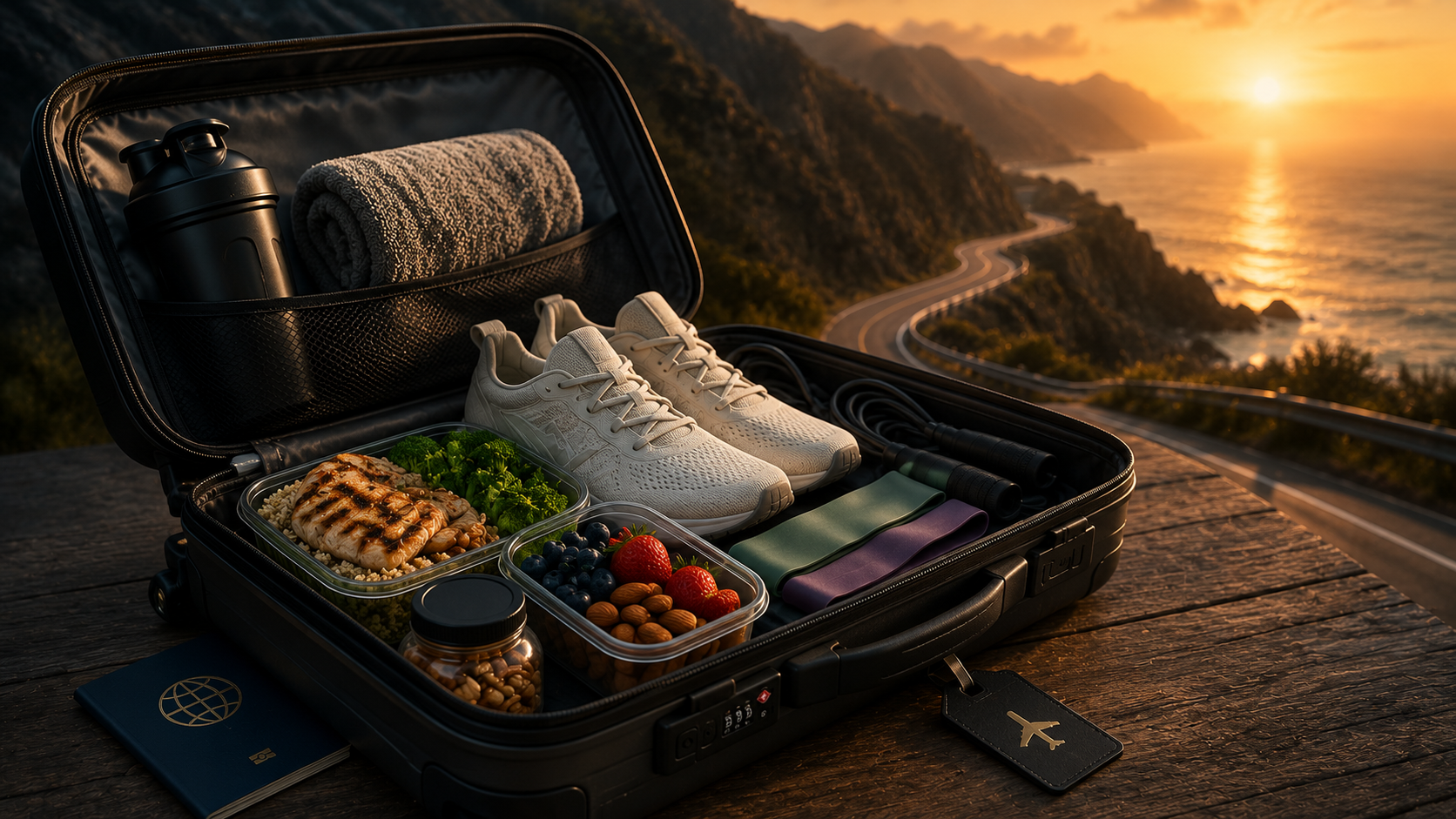 Mala com itens de treino e alimentação para viagem